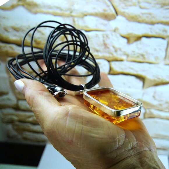 Modernist Faceted Amber and 925 Silver Huge Pendant With Black Leather Cord 17" - Picture 10 of 16